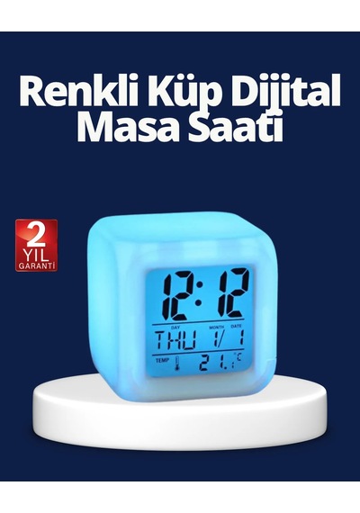 Renk Değiştiren Led Alarmlı Dijital Küp Masa Saati Mavi 28472073