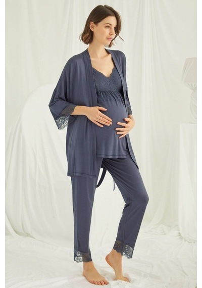 Burdagel Monamise Kadın Lacivert Hamile Lohusa Sabahlıklı Pijama Takım 184