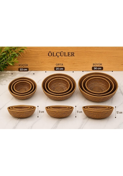 Morponi 3'lü Set Rattan Yuvarlak Çok Amaçlı Sepet - Mutfak Meyvelik & Banyo Organizer Düzenleyici Shr328 Sarı