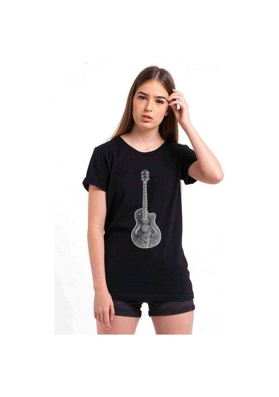 Drawing Classic Guitar Baskılı Siyah Kadın Tshirt