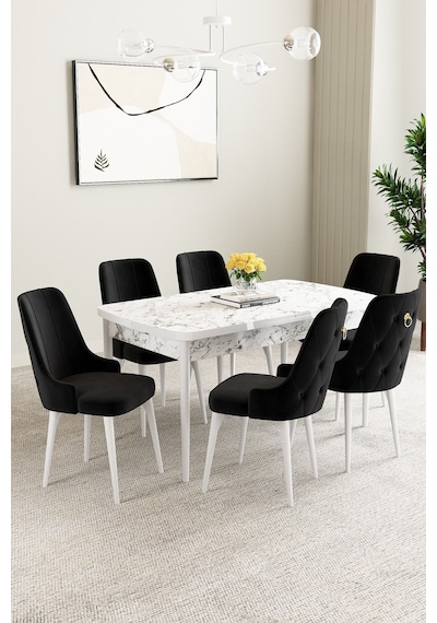 Clara Beyaz Mermer Desen 80x132 Açılabilir Mdf Masa Yemek Odası Takımı,mutfak Takımı 6 Adet Sandalye Siyah Clara Beyaz Mermer Desen 80x132 Açılabilir Mdf Masa Yemek Odası Takımı,mutfak Takımı 6 Adet Sandalye Siyah