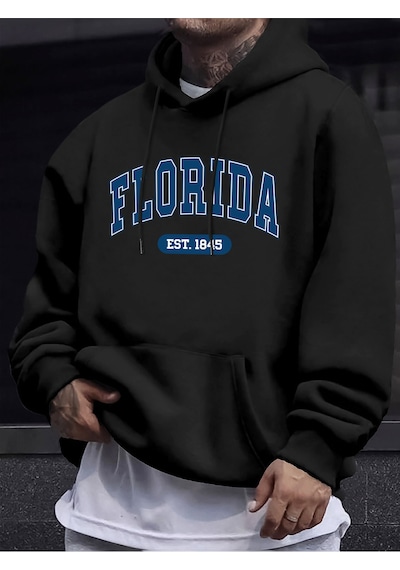 Startmore Startmoreflorida Est 1845 Mektup Yaratıcı Baskı Erkek Polar Giyim Sonbahar Günlük Eşofman Temel Spor K Siyah