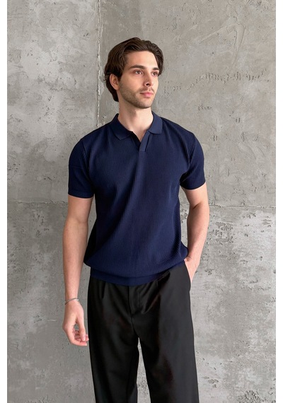 Erkek Petek Desen Polo Yaka Triko T-shirt Lacivert