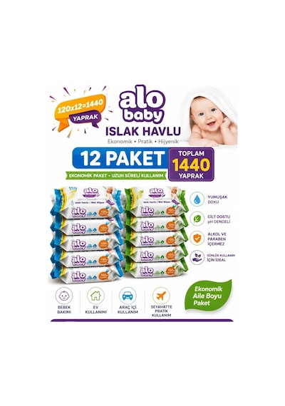 Alo Baby Ekopack Islak Havlu 120'li x 12 Paket Toplam 1440 Yaprak 12'li Set