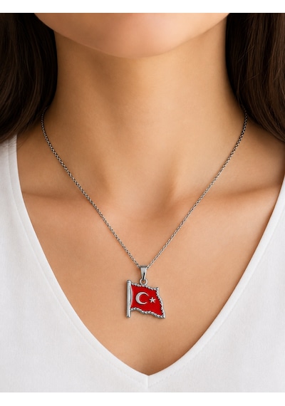 Türk Bayrağı Ay Yıldız Tasarımlı Kırmızı Gümüş Renk Kolye Hediye Çok renkli