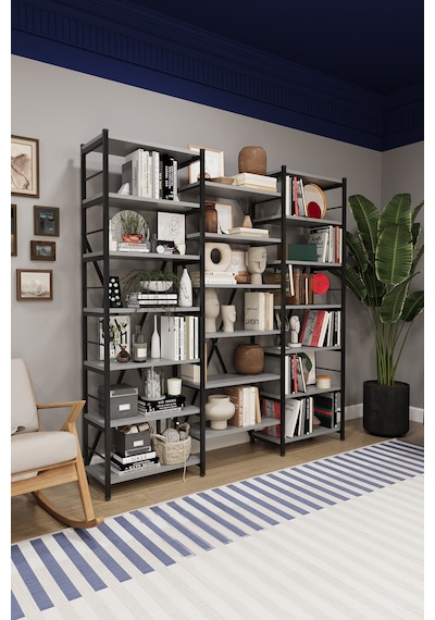 Asra Trend 6 Raflı Metal Kitaplık METALK03 %100 MDF Üç Modüllü Geniş Kütüphane Kül Gri