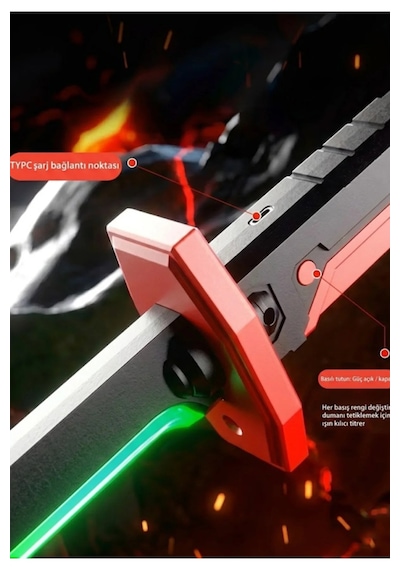 Şarj Edilebilir Rgb Led Işıklı Spray Buhar Efektli Kıvılcımlı Oyuncak Işın Kılıc Kırmızı - Siyah