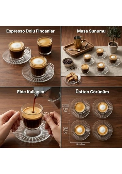 6'li Cam Kahve Fincanı Seti Boncuk Kulplu Şeffaf Espresso & Türk Kahvesi Fincan Takımı Tabaklı Diğer