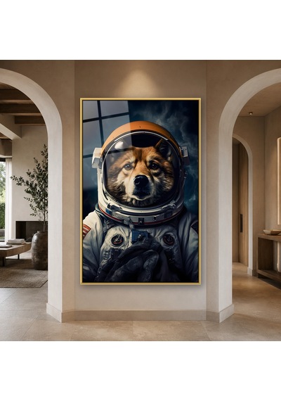 Astronot Giysili Köpek Gold Çerçeveli Cam Tablo
