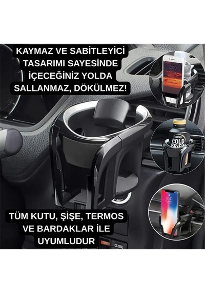 Polham Araç Telefon Ve Bardak Tutucu Sallanmayı Engeller, Ayarlanabilir Yapı, Havalandırma Izgarası Montajlı