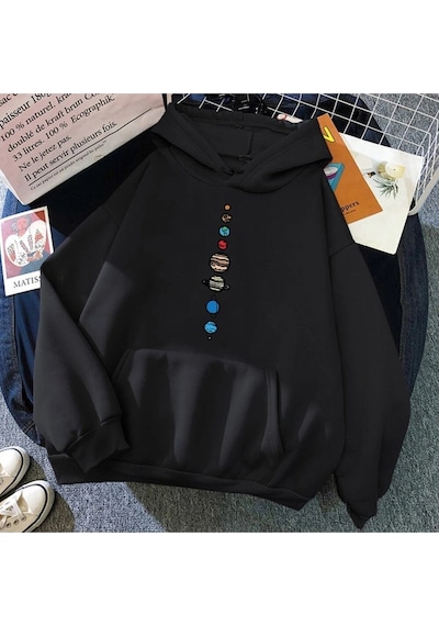 Startmore Dokuz Gezegen Evren Güneş Sistemi Kapüşonlu Hoodie 15146 Siyah Siyah