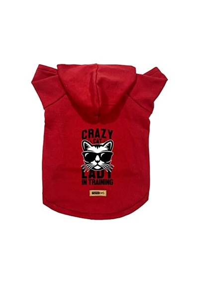 Kapişonlu Polar Sweatshirt Köpek Ve Kedi Kıyafeti & Elbisesi - Kırmızı Crazy Cat Xs Beden