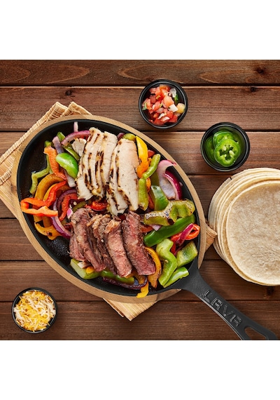 Lava Döküm Oval Fajita Tavası. Saplı ve Ahşap Altlıklı.