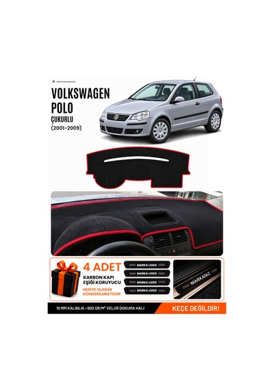 Volkswagen Polo Çukurlu 2001-2009 Uyumlu Torpido Örtüsü, Torpido Kılıfı - Siyah-kırmızı - Vw019
