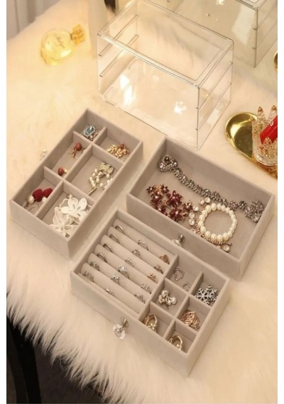 Piev House By House Çekmeceli Aynalı Ve Üç Katlı Çekmeceli Takı Kozmetik Organizer İkili Set Krem