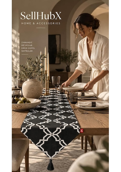 Tr Tek Runner İki Farklı Yüz, Çift Taraflı Kullanım 45 X 150 Cm, Desenli Ve Düz İki Yüzlü Runner, Püsküllü Diğer
