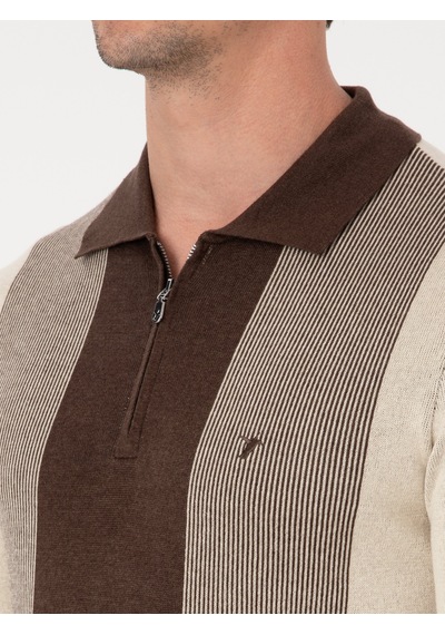 Cacharel Kahverengi Slim Fit Pamuk Karışımlı Fermuarlı Polo Yaka Triko Kazak