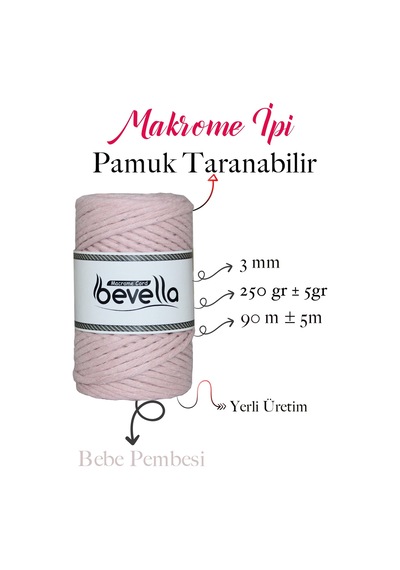 Taranan Makrome Ipi 3mm Taranabilir Pamuk Tek Büküm Makrome Ipi Bebe Pembesi Pudra