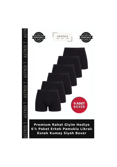 Astrid T Premium Rahat Giyim Hediye 6'lı Paket Erkek Pamuklu Likralı Esnek Kumaş Siyah Boxer