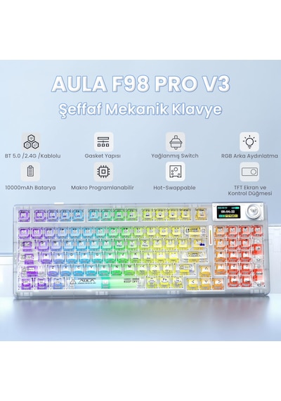Aula F98 Pro V3 Oled Ekranlı Crystal Switch Makrolu Kablosuz Rgb Hot-swap Gasket Pre-lubed Switch Mekanik Klavye Şeffaf
