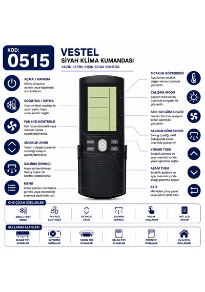 Vestel 0515 Siyah Lcd Ekranlı Klima Kumandası