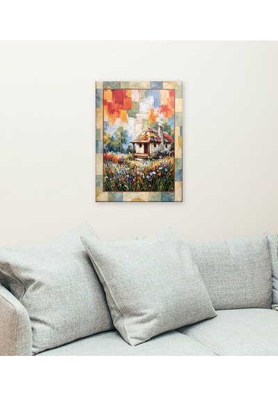 Renkli Bloklar Kenar Detaylı Çiçekli Kır Evi Temalı Dekoratif Ahşap Tablo 52 X 72 Cm