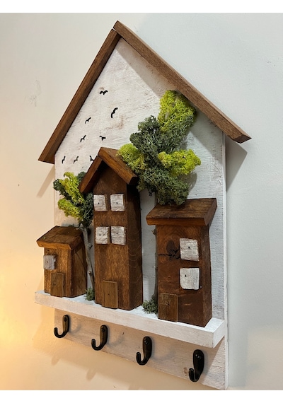 Ahşap Ev Temalı Duvar Askılığı 25x36 Cm 4 Kancalı Anahtarlık , El Yapımı Dekoratif Askı Beyaz