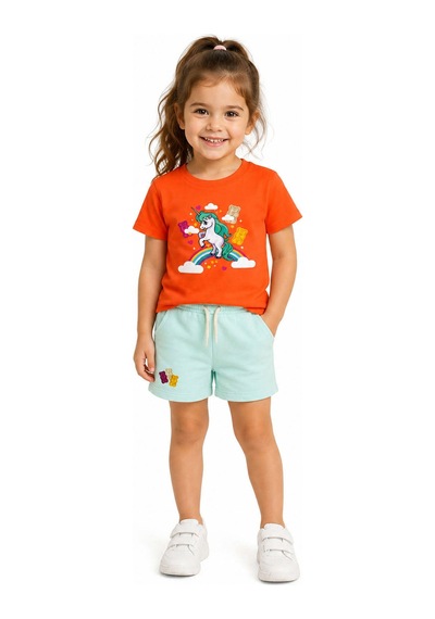 Haribo Lisanslı Unicorn Baskılı Kız Çocuk T-shirt Şort Takım Turuncu