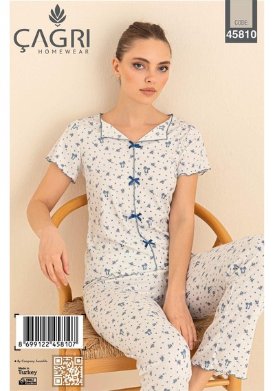 Çağrı Kadın %100 Pamuk Raporlu Fitilli Kısa Kollu Önü Düğmeli Pijama Takım Mavi