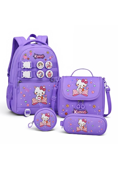 Hello Kitty Baskılı Özel Tasarım Ortopedik Su Geçirmez Cüzdanlı Okul Çantası Termal Beslenme Ve Kalemlik Seti Mor
