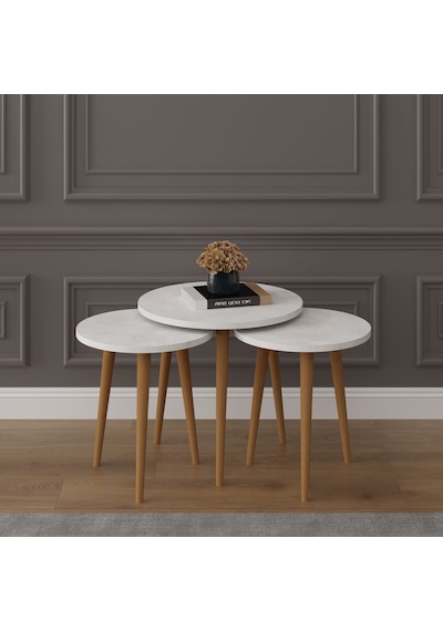 Asra Trend 3'lü Yuvarlak Zigon Sehpa Takımı SEHPA01 %100 MDF Ahşap Ayaklı Retro Taş