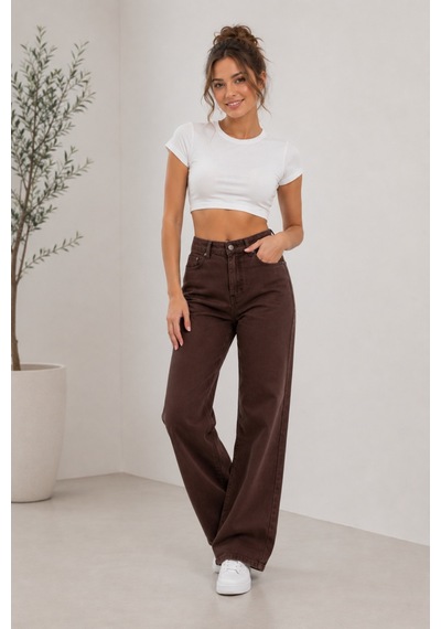 Woddi Nova Kadın Yüksek Bel Kaahverengi Salaş Jeans Wide Leg Geniş Paça Palazzo Kot Pantolon Kahverengi