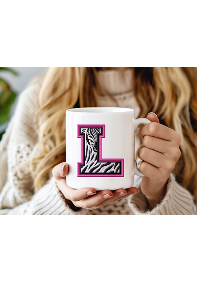 L Harfi Zebra Deseni Ve Pembe Kenarlı Kupa Bardak - Kişiye Özel Nakış Efektli - Siyah Beyaz Pembe Beyaz