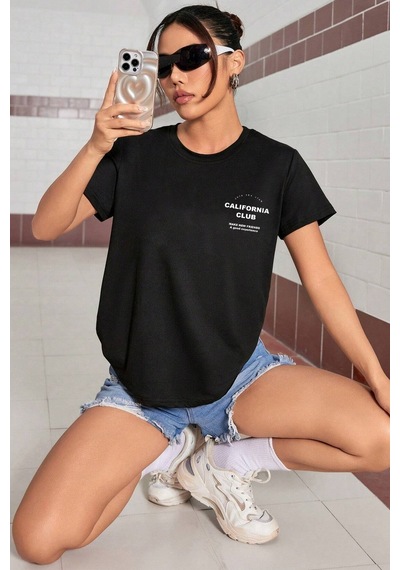 Unisex Lacivert Yaka Kol Detaylı California Club Baskılı Oversize T-shirt Siyah