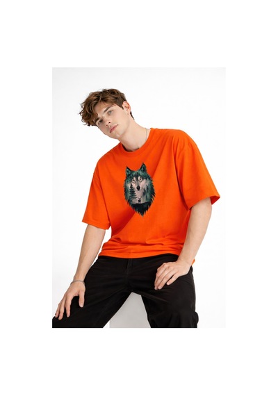 Misa Tahtakale Wolf - Oversize Erkek Tişört Turuncu Çok Renkli