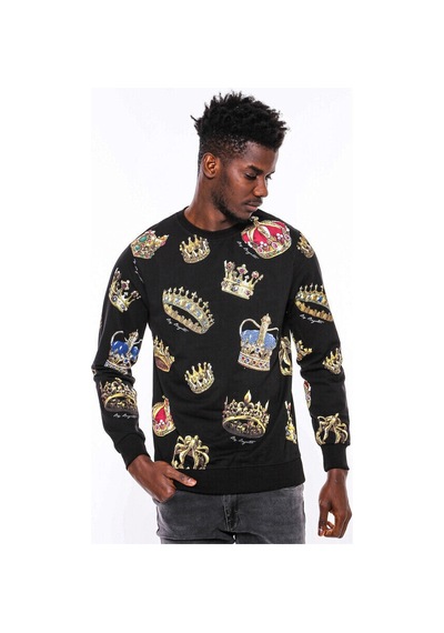 Wessi Siyah Bisiklet Yaka Taşlı ve Baskılı Sweatshirt Siyah