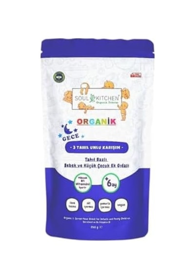 Organik Bebek Gece Maması Tahıl Bazlı B1 Vitaminli Ek Gıda 3 Tahıl Unlu Karışım 250gr