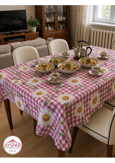 Masa Örtüsü 150x170 Cm Pembe Kareli Papatya Beyaz