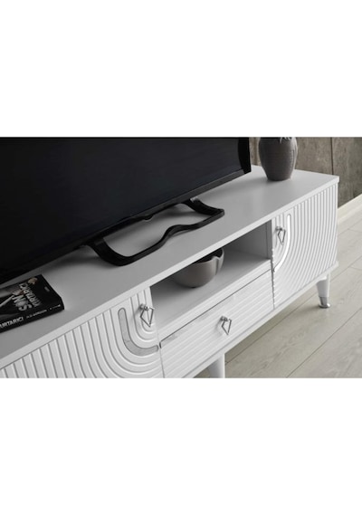 110 CM ART MDF MEBRAN KAPAK TV SEHPASI BEYAZ - GÜMÜŞ