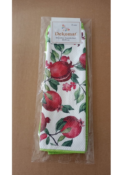 Microfiber Temizlik Bezi 40x50 Cm 2 Adet Nar Çiçeği Bir Adet Baskılı Bir Adet Naturel Yeşil