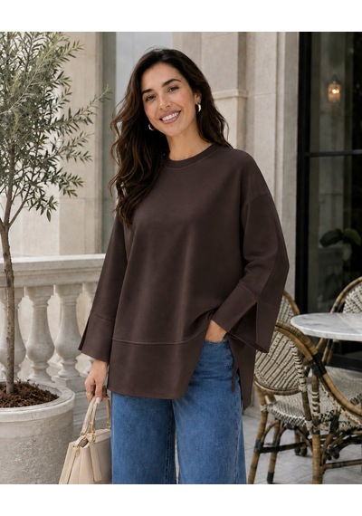 Unika Boutique Kadın Oversize Yırtmaçlı Uzun Kollu Salaş Bluz kahverengi