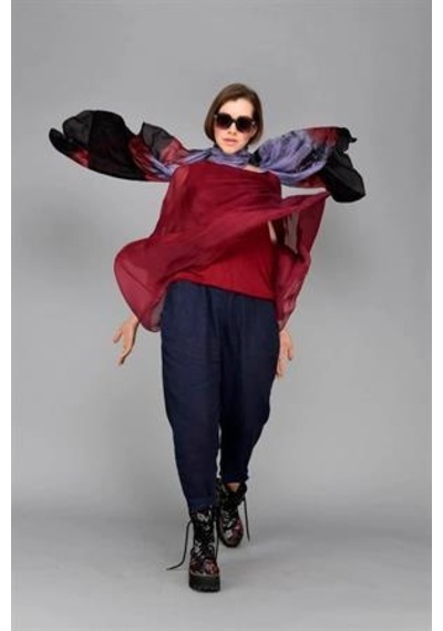 Bohem Stil İtalyan Yarasa Kollu İpek Bluz-9220 Bordo