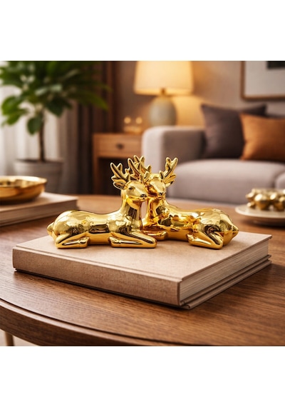 Biblo Modern Dekoratif Lüks Hediye Gold Küçük Boy Geyik Tasarımlı Süs Parlak Altın Seramik Biblo
