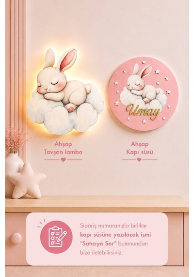Ahşap Tavşanlı İsme Özel Pilli Ledli Gece Lambası Ve Ahşap Kapı Süsü Seti Bebek Çocuk Odası Pembe