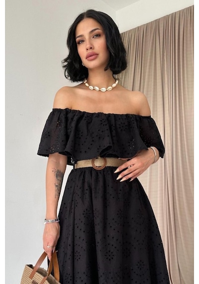 Etiler Collection Siyah Omzu Lastikli Brode Elbise Siyah