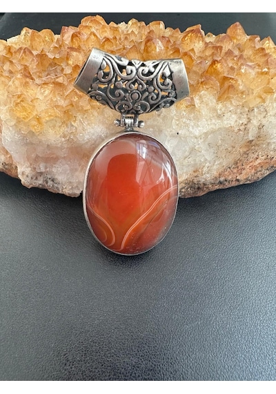 Otantik Değerli Akik Taşlı Gümüş Kolye Ucu
