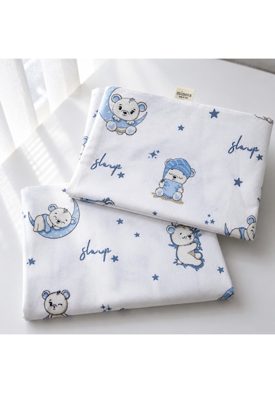 Minora Baby&kids %100 Pamuk Ranforce Anne Yanı Park Yatak Lastikli Bebek Çarşafı Ve Yastık Kılıfı Seti 70x120 - 35x45 - Mavi Ayı