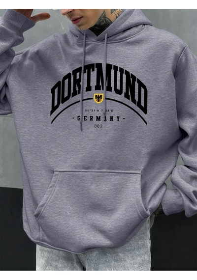 Tarzsokak Dortmund Almanya Mektup Desen Sonbahar Hoody Erkekler Rahat Büyük Boy Kapüşonlular Moda Polar Gri