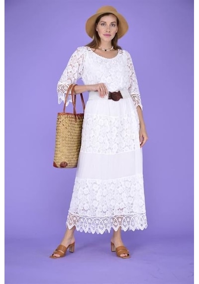 Eren Style İtalyan Sunshine İpek Detaylı Dantelli Elbise-9033 Beyaz