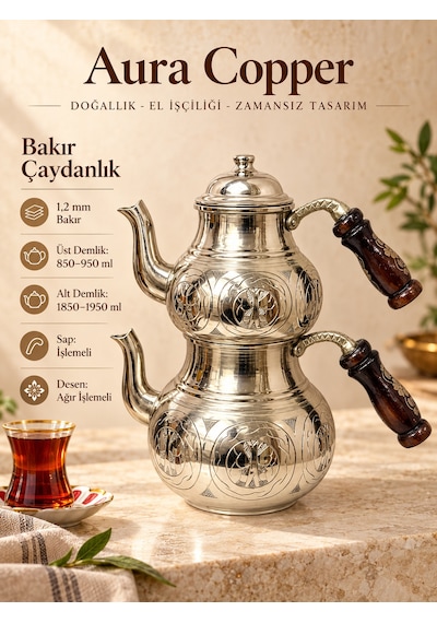 Aura Copper Ağır El İşlemeli Kalın Bakır Çaydanlık Takımı 1,2 Mm 27 Cm Gümüş Parlak/ac-cy-033